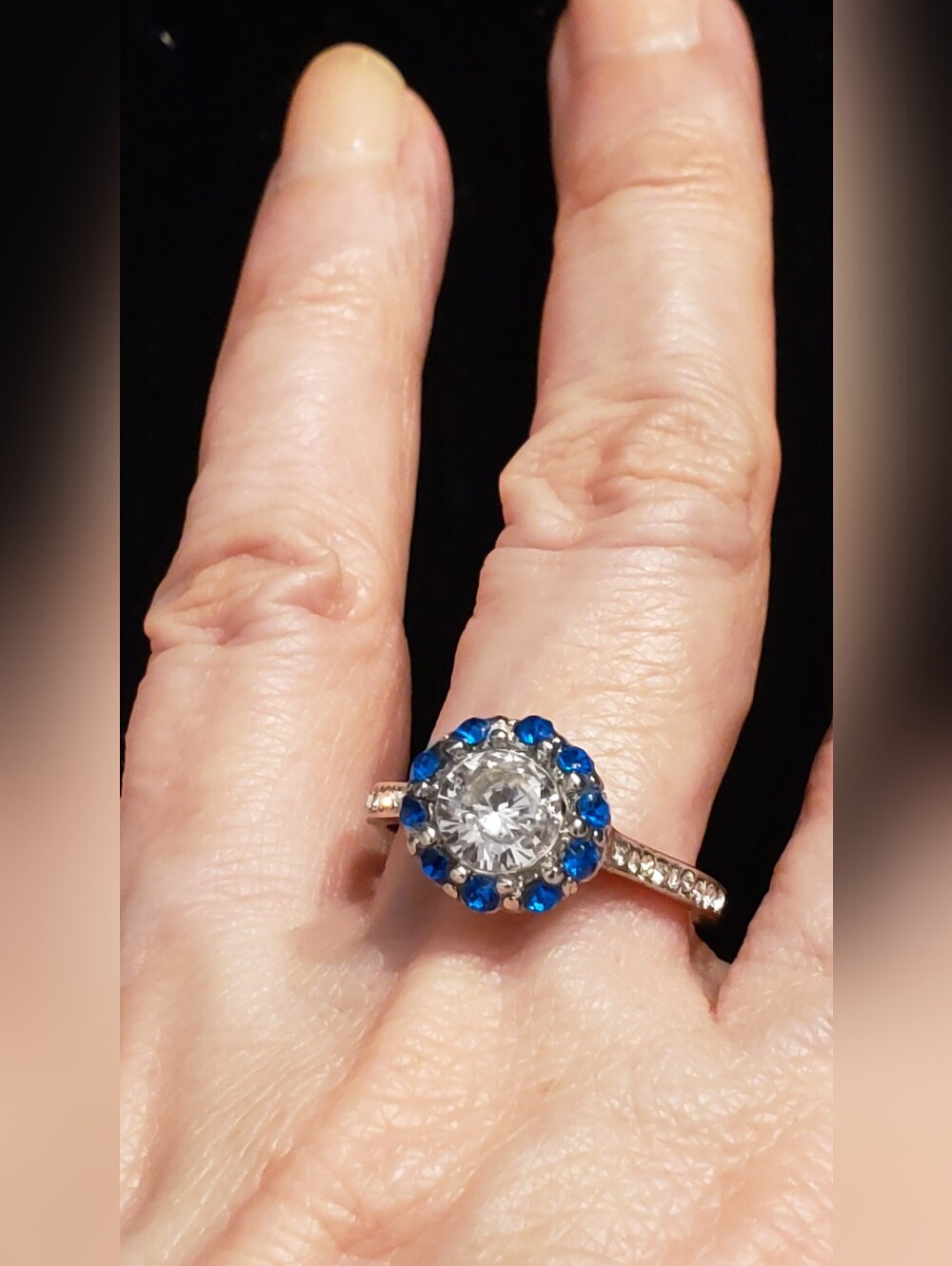 NEW Sapphire Blue STERLING Hallmarked Ring, Sz 10.25, Halo Style W/jeweled Band.